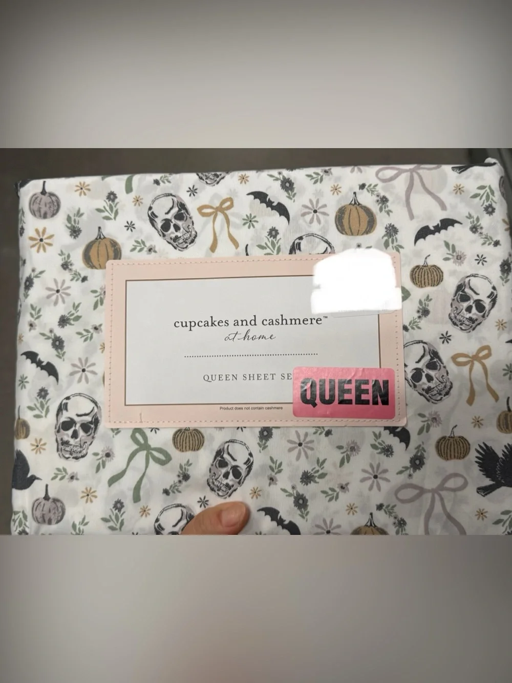 cupcakes & cashmere Halloween Skull Queen Sheet Set in White, Black, Green, Gold